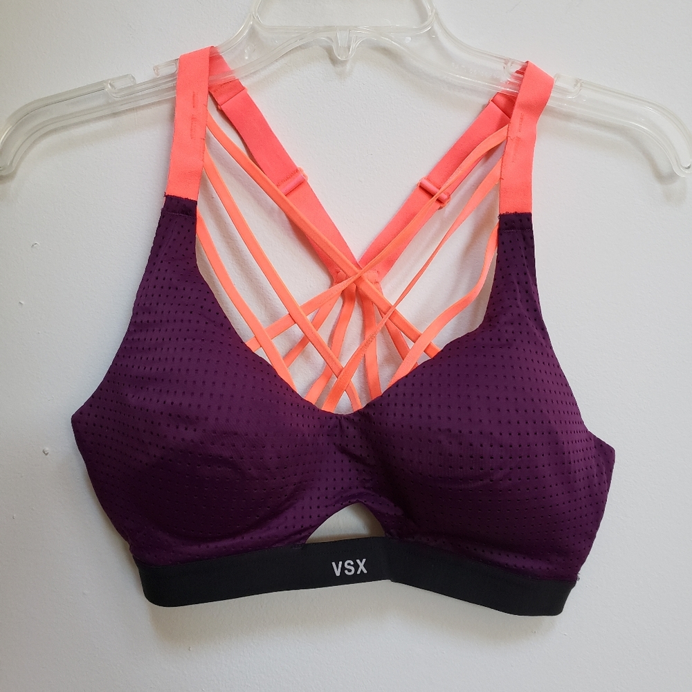 Victoria's Secret Sport VSX strappy sports bra dark purple neon coral 32C